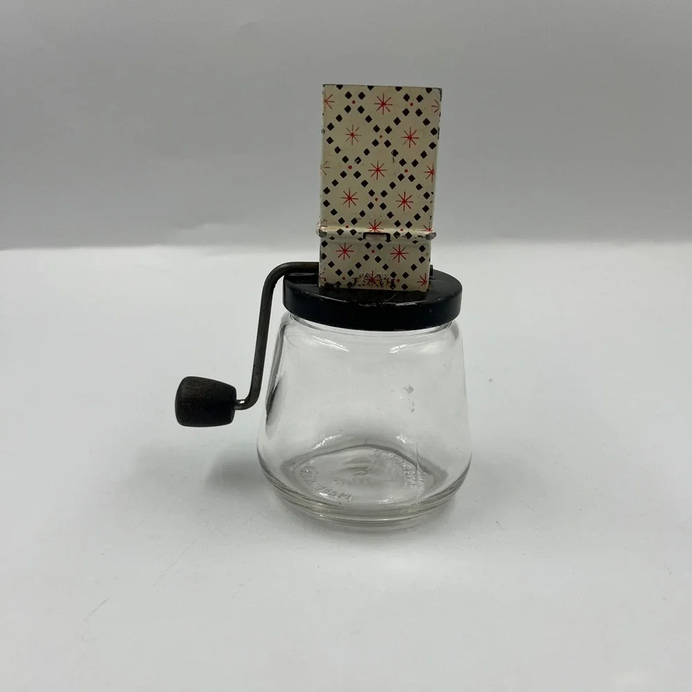Vintage Androck Nut Chopper Glass Jar Hand Crank Metal Starburst Pattern USA